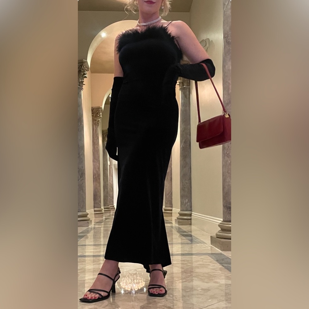 Vintage 90s Feather Trim Velvet Gown